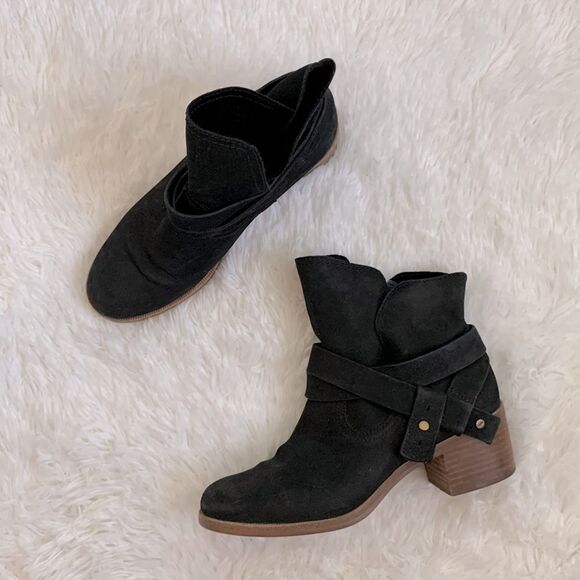 Ugg Women’s Elora Black Nubuck Leather Stacked Heel Strappy Ankle Boots Sz 7 - Picture 1 of 10
